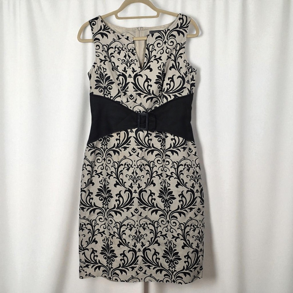 Liz‎ Claiborne Dress Woman 6 Linen Black Beige Damask Sleeveless Sheath Babydoll